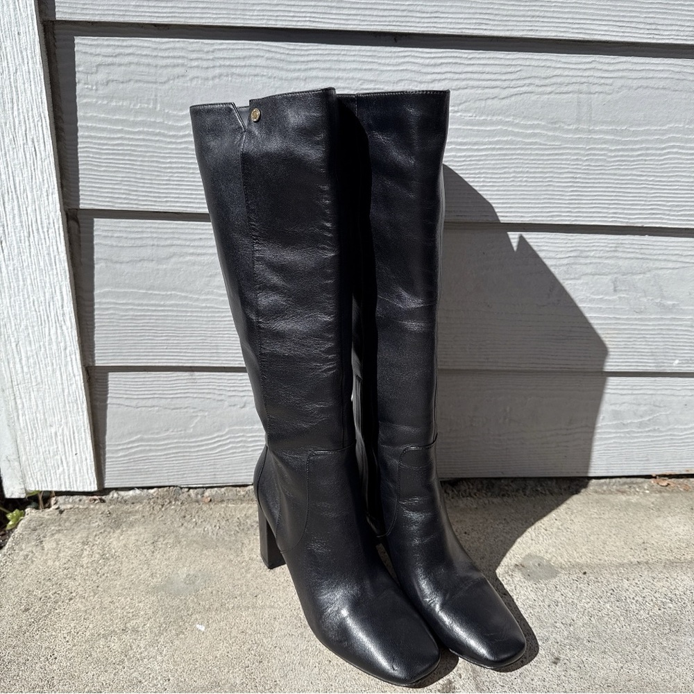 Cole Haan Knee Boot Women's 9B Valley Black Leather Square-Toe Block Heel